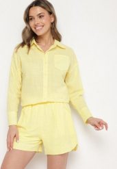 Żółty Bawełniany Komplet Szorty i Koszula Ozdobiona Rozcięciami Devirielle. Żółte koszule damskie Born2be, bez wzorów, z bawełny, eleganckie. Za 119.99 zł.