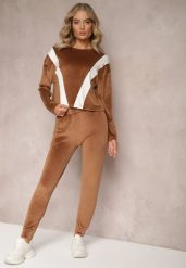 Brązowy 2-częściowy Komplet Dresowy Welurowy z Bluzą i Spodniami Vestali. Brązowe bluzy bez kaptura damskie Renee, m, z dresówki. Za 129.99 zł.
