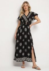 Czarna Sukienka w Ornamentalny Wzór z Elastycznym Paskiem Tosvanna. Czarne sukienki damskie Born2be, na co dzień, l, z aplikacjami, eleganckie, bez kołnierzyka, bez ramiączek, maxi, kopertowe. W wyprzedaży za 87.99 zł.