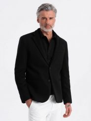 Marynarka męska casual z ozdobnymi guzikami na mankietach - czarna V3 OM-BLZB-0118 - XXL. Czarne marynarki męskie Ombre Clothing, bez wzorów. W wyprzedaży za 149.99 zł.