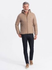 Męska kurtka pikowana pakowana w worek - brązowa V4 - Rozmiar: S. Brązowe kurtki męskie Ombre Clothing, m, bez wzorów, z materiału. W wyprzedaży za 217.49 zł.