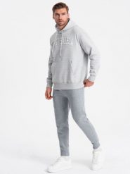 Spodnie męskie dresowe joggery - szary melanż V3. Szare spodnie dresowe męskie Ombre Clothing, bez wzorów, z bawełny. W wyprzedaży za 69.99 zł.