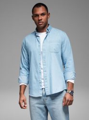 Wzorzysta koszula męska z cienkiego jeansu z kieszonką – jasnoniebieska V1 OM-SHDS-0179 - XXL. Niebieskie koszule męskie Ombre Clothing, l, bez wzorów, z bawełny, bez kołnierzyka, bez ramiączek. W wyprzedaży za 129.99 zł.