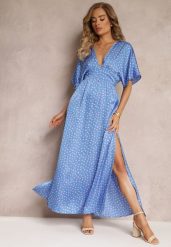 Niebieska Rozkloszowana Sukienka Maxi w Kropki z Głębokim Dekoltem Sallo. Niebieskie sukienki damskie Renee, l, bez wzorów, bez kołnierzyka, bez ramiączek, maxi, rozkloszowane. W wyprzedaży za 125.99 zł.