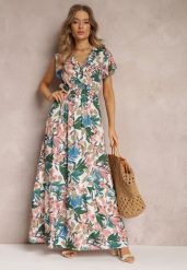 Biało-Zielona Sukienka z Wiskozy Maxi w Kwiaty Mahiza. Białe sukienki damskie Renee, l, bez wzorów, z tkaniny, bez kołnierzyka, bez ramiączek, maxi, kopertowe. W wyprzedaży za 62.99 zł.