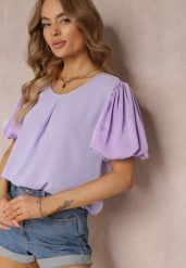 Fioletowa Dwuwarstwowa Bluzka z Krótkim Bufiastym Rękawem Tarania. Fioletowe bluzki damskie Renee, bez wzorów, bez kołnierzyka, bez ramiączek. Za 54.99 zł.