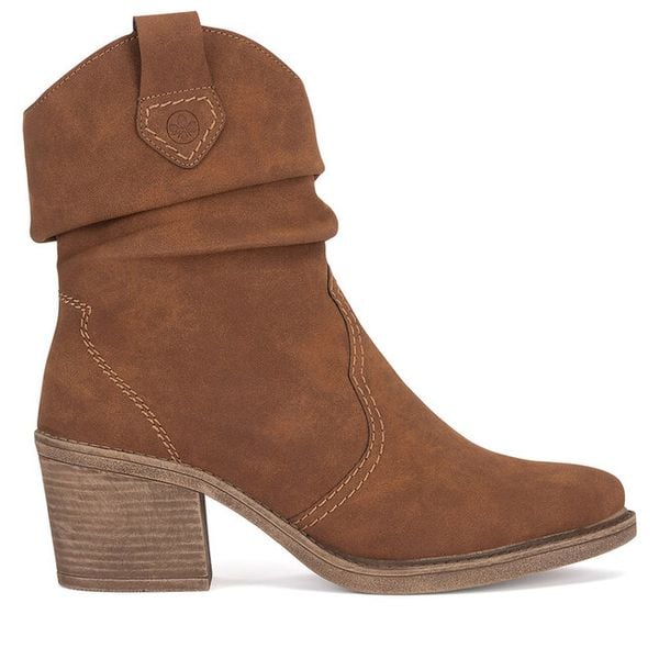 Kowbojki Rieker. Brązowe botki damskie Rieker, bez obcasa, na słupku, bez zapięcia. Za 295.00 zł.