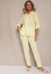 Żółty Muślinowy Komplet z Bawełny Spodnie i Koszula z Regulowanymi Rękawami Janalise. Żółte koszule damskie Renee, bez wzorów, z bawełny, eleganckie. Za 129.99 zł.