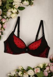 Czarno-Czerwony Biustonosz z Koronkowymi Wstawkami i Efektem Push Up Sellish. Czarne biustonosze Renee, bez wzorów, z koronki. Za 39.99 zł.