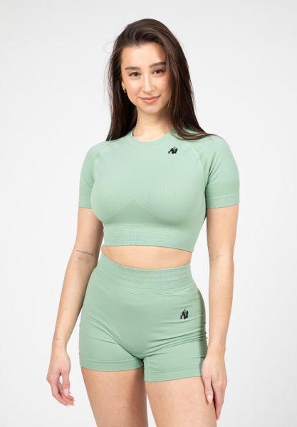 Whitney Bezszwowe Crop Top - Zielony. Zielone topy sportowe damskie GORILLA WEAR, l, bez wzorów, z nylonu, bez ramiączek. Za 225.60 zł.