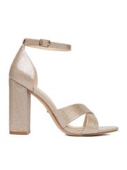 DeeZee Sandały CEO-998877 Złoty. Żółte sandały damskie DeeZee, bez wzorów, z materiału, bez obcasa, na słupku. Za 139.99 zł.