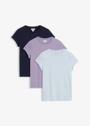 T-shirt (3 szt.). Fioletowe t-shirty damskie bonprix, bez wzorów, bez kołnierzyka. Za 97.99 zł.