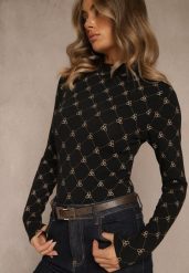 Czarna Bluzka Longsleeve Półgolf z Bawełny Ozdobiona Geometrycznym Nadrukiem Zantila. Czarne bluzki damskie Renee, l, bez wzorów, z bawełny, eleganckie, bez kołnierzyka, bez ramiączek. Za 49.99 zł.