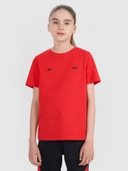 4F T-shirt regular z nadrukiem dziecięcy 4F JUNIOR x Robert Lewandowski - czerwony 122 (6-7 lat). Czerwone koszulki dziewczęce 4f, m, bez wzorów, z bawełny, bez ramiączek. Za 59.99 zł.