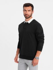 Bluza męska z białym kołnierzykiem polo - czarna V6 OM-SSNZ-0132 - M. Czarne bluzy bez kaptura męskie Ombre Clothing, m, z bawełny. W wyprzedaży za 79.99 zł.