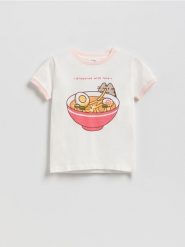T-shirt Pusheen - złamana biel. Koszulki dziewczęce Reserved, bez wzorów, z bawełny, bez ramiączek. Za 39.99 zł.