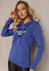 Niebieska Bluza Kangurka Ocieplona Polarem z Ozdobnym Nadrukiem Elili. Niebieskie bluzy bez kaptura damskie Renee, l, z jeansu. Za 79.99 zł.