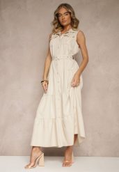 Beżowa Sukienka Koszulowa z Ozdobnymi Guzikami i Paskiem Maviosa. Brązowe sukienki damskie Renee, na co dzień, l, z aplikacjami, eleganckie, bez kołnierzyka, bez ramiączek, maxi, koszulowe. W wyprzedaży za 104.99 zł.