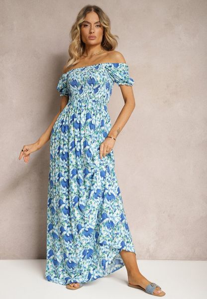 Niebieska Hiszpanka Sukienka o Rozkloszowanym Kroju i Gumkami przy Dekolcie Kaseria. Niebieskie sukienki damskie Renee, na imprezę, l, bez wzorów, wizytowe, bez kołnierzyka, bez ramiączek, maxi, rozkloszowane. Za 69.99 zł.