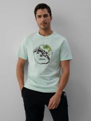 4F T-shirt regular z nadrukiem męski - turkusowy M. Niebieskie t-shirty męskie 4f, m, bez wzorów, z bawełny, bez kołnierzyka. Za 69.99 zł.