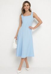 Niebieska Klasyczna Sukienka o Rozkloszowanym Kroju Delure. Niebieskie sukienki damskie Born2be, l, z aplikacjami, eleganckie, bez kołnierzyka, bez ramiączek, midi, rozkloszowane. W wyprzedaży za 95.99 zł.