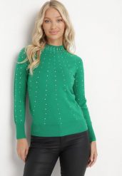 Zielony Sweter z Golfem Ozdobiony Kompozycją z Cyrkonii Ruittes. Zielone golfy damskie Born2be, m, z aplikacjami, bez ramiączek. Za 99.99 zł.