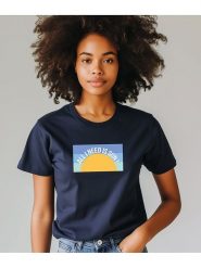 WOOOP Koszulka "All I need is sun" w kolorze granatowym rozmiar: L. Niebieskie bluzki damskie Wooop, l, bez wzorów, z bawełny, bez kołnierzyka, bez ramiączek. Za 63.45 zł.
