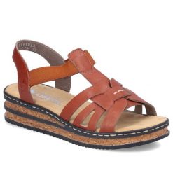 Komfortowe sandały damskie na koturnie brązowe Rieker 62918-62. Brązowe sandały damskie Rieker, bez wzorów, ze skóry ekologicznej, bez obcasa, na koturnie. Za 299.00 zł.