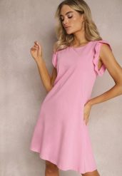 Jasnoróżowa Trapezowa Sukienka z Elastycznej Bawełny z Falbankami Przy Ramionach Aleradia. Czerwone sukienki damskie Renee, na imprezę, na lato, l, bez wzorów, z bawełny, bez kołnierzyka, bez ramiączek, mini, trapezowe. Za 49.99 zł.