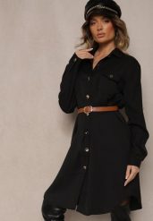 Czarna Koszulowa Sukienka Ozdobiona Paskiem i Rękawem z Regulacją Esaviona. Czarne sukienki damskie Renee, na co dzień, m, bez wzorów, z jeansu, eleganckie, bez kołnierzyka, bez ramiączek, dopasowane. Za 119.99 zł.