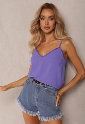 Fioletowy Top na Ramiączkach z Ozdobną Koronką Otoro. Fioletowe topy damskie Renee, l, bez wzorów, z koronki, bez kołnierzyka. Za 39.99 zł.
