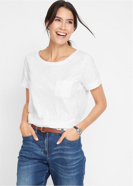 Długi T-shirt z czystej bawełny organicznej. Białe t-shirty damskie bonprix, bez wzorów, z bawełny, bez kołnierzyka. Za 42.99 zł.