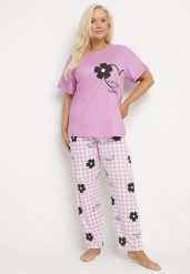 Fioletowy Komplet Piżamowy z Motywem Kwiatowym Spodnie i T-shirt Milossa. Fioletowe piżamy damskie Born2be, plus size, z aplikacjami, plus size, bez ramiączek. Za 39.99 zł.