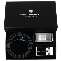 Zestaw prezentowy: dwustronny pasek skórzany w granatowym i czarnym kolorze Peterson PTN KL-B007S001 N. Czarne paski męskie Peterson, bez wzorów, ze skóry, eleganckie. Za 139.99 zł.