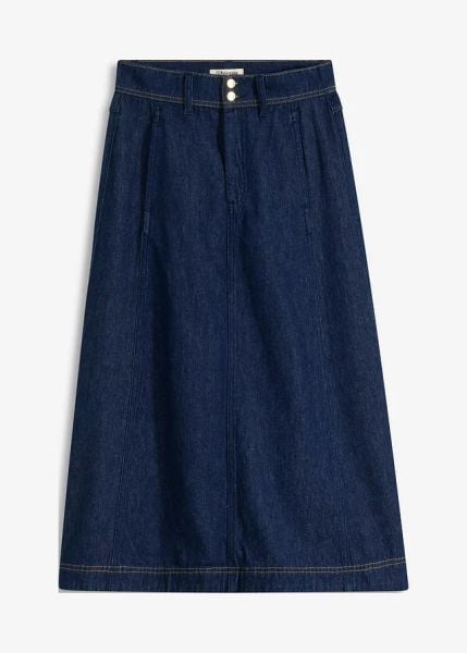 Spódnica dżinsowa midi. Niebieskie spódniczki damskie bonprix, bez wzorów, midi. Za 124.99 zł.