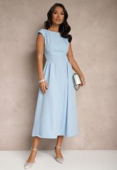 Niebieska Rozkloszowana Sukienka z Wiązaniem i Dekoltem w Kształcie Łódki Alanira. Niebieskie sukienki damskie Renee, na co dzień, m, bez wzorów, eleganckie, bez kołnierzyka, bez ramiączek, midi, kopertowe. W wyprzedaży za 104.99 zł.