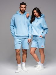 Komplet dresowy UNISEX bluza z kapturem + szorty w stylu athleisure – błękitne V8 - Rozmiar: XL/XXL. Niebieskie szorty męskie Ombre Clothing, z aplikacjami, z bawełny, eleganckie. W wyprzedaży za 232.49 zł.