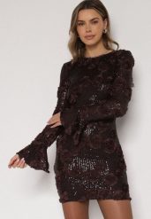 Brązowa Cekinowa Sukienka z Kwiatami 3D Naweda. Brązowe sukienki damskie Born2be, do pracy, l, bez wzorów, z jeansu, biznesowe, bez kołnierzyka, bez ramiączek. Za 219.99 zł.