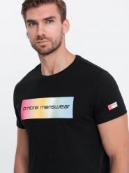 T-shirt męski bawełniany z nadrukiem - czarny V1 - Rozmiar: XXL. Czarne t-shirty męskie Ombre Clothing, m, bez wzorów, z bawełny, bez kołnierzyka. W wyprzedaży za 19.99 zł.