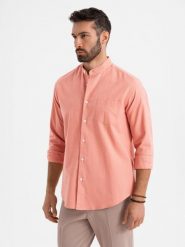 Męska koszula lniana ze stójką i kieszenią REGULAR FIT – brzoskwiniowa V1 - Rozmiar: L. Pomarańczowe koszule męskie Ombre Clothing, na lato, l, bez wzorów, z bawełny, bez kołnierzyka, bez ramiączek. W wyprzedaży za 164.99 zł.