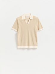 Bawełniany sweter polo - beżowy. Brązowe swetry męskie Reserved, l, bez wzorów, z bawełny, bez kołnierzyka. Za 119.99 zł.