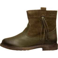 Skórzane botki w kolorze brązowo-oliwkowym. Brązowe botki dziewczęce Billowy, z aplikacjami, bez ramiączek. W wyprzedaży za 165.95 zł.