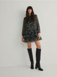 Sukienka mini z falbanami - wielobarwny. Sukienki damskie Reserved, l, bez wzorów, z tkaniny, bez kołnierzyka, bez ramiączek, mini, rozkloszowane. W wyprzedaży za 49.99 zł.