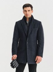 PAKO LORENTE - Grafitowy płaszcz męski z odpinanym kołnierzem. Szare płaszcze męskie Pako Lorente, na jesień, m, bez wzorów, z poliesteru. Za 499.99 zł.