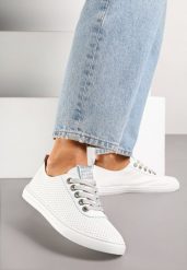 Biało-Srebrne Tenisówki Ozdobione Cyrkoniami i Perforacją Liradena. Białe trampki i tenisówki damskie Renee, bez wzorów, z jeansu. Za 39.99 zł.