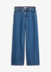 Lekkie jeansy wide leg, mid waist, cropped. Niebieskie jeansy damskie bonprix. Za 124.99 zł.