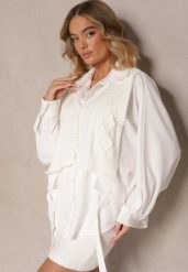 Jasnobeżowa Koszula Nietoperz z Naszytą Kamizelką z Dzianiny Hanoreth. Brązowe kamizelki damskie Renee, bez wzorów, z dzianiny, eleganckie, bez kołnierzyka, bez ramiączek. Za 129.99 zł.