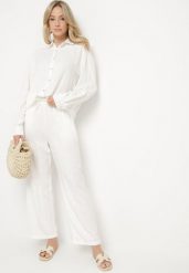 Biały Komplet z Lnem i Wiskozą Koszula i Spodnie Hanelior. Białe koszule damskie Born2be, bez wzorów, z wiskozy, eleganckie. Za 139.99 zł.