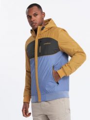 Lekka kolorowa męska kurtka sportowa z polarem – niebiesko-musztardowa V8 OM-JANP-0194 - XXL. Niebieskie kurtki treningowe męskie Ombre Clothing, l, bez wzorów, z materiału. W wyprzedaży za 199.99 zł.