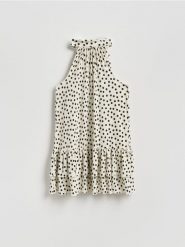 Sukienka mini w groszki - beżowy. Brązowe sukienki damskie Reserved, l, bez wzorów, z dzianiny, bez kołnierzyka, bez ramiączek, mini. Za 99.99 zł.